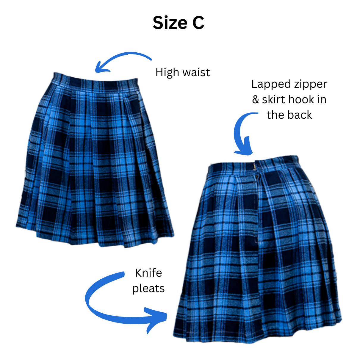 Front and back views of the Classic Pleated Skirt with text and arrows pointing out the high waist, lapped zipper and skirt hook, and knife pleats.