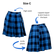 Front and back views of the Classic Pleated Skirt with text and arrows pointing out the high waist, lapped zipper and skirt hook, and knife pleats.