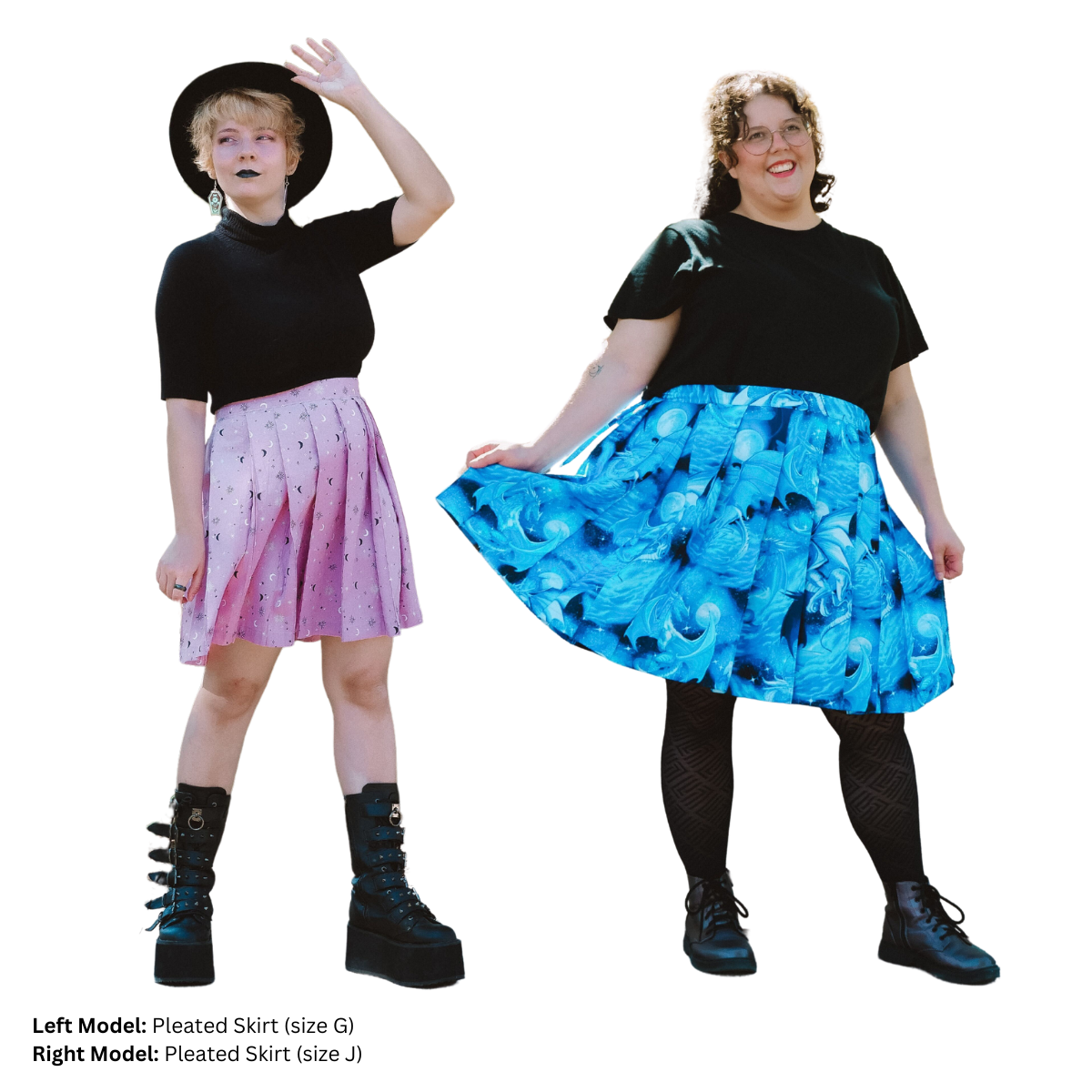 Two models wearing different versions of the Classic Pleated Skirt. The model on the left (size G) has a pink pleated skirt with moons and stars on it. The model on the right (size J) is wearing a bright blue pleated skirt with dragons on it.