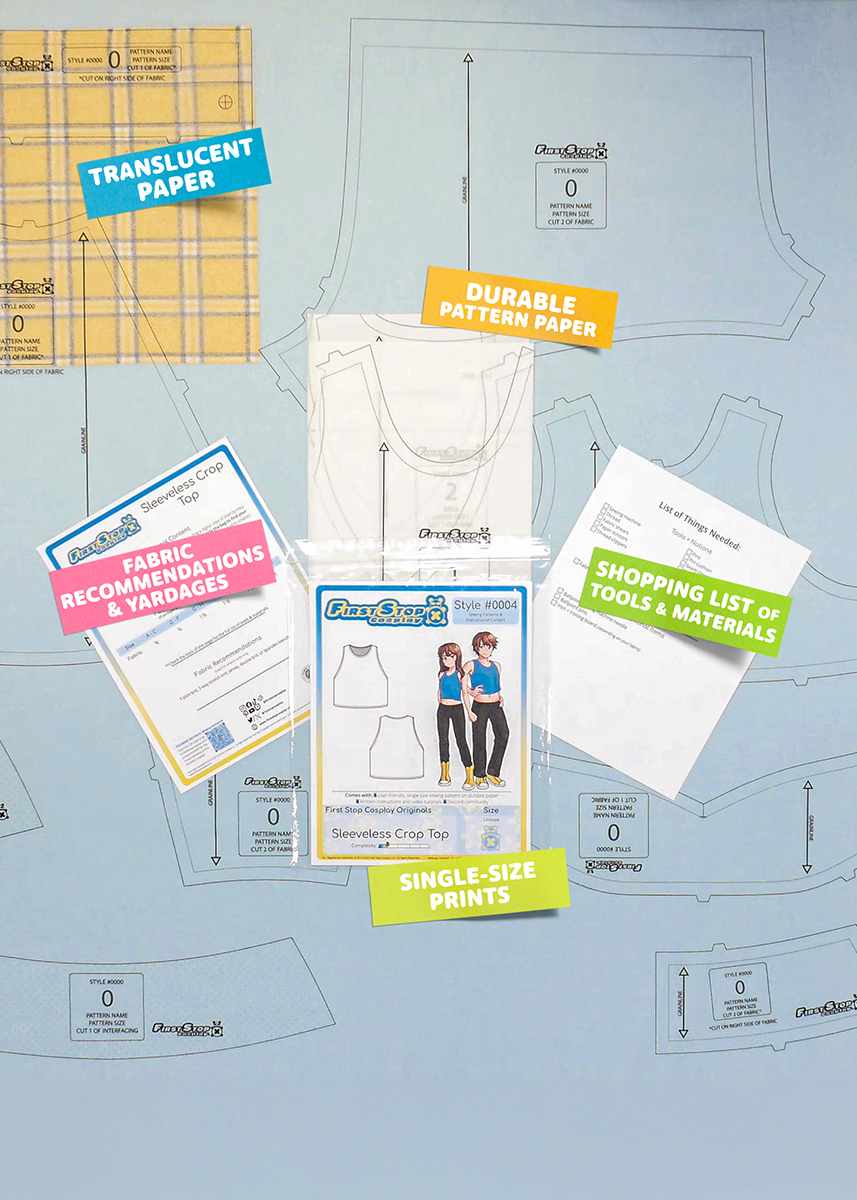 Contents of the Sleeveless Crop Top sewing pattern and packaging. Text boxes highlight features corresponding to those included in the product, such as durable translucent paper, singe-size prints, ability to print from home, shopping lists of tools and materials, and fabric recommendations.