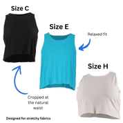 Size C, Size, E, and Size H Sleeveless Crop Tops with text and arrows pointing out the relaxed fit that's cropped at the natural waist.