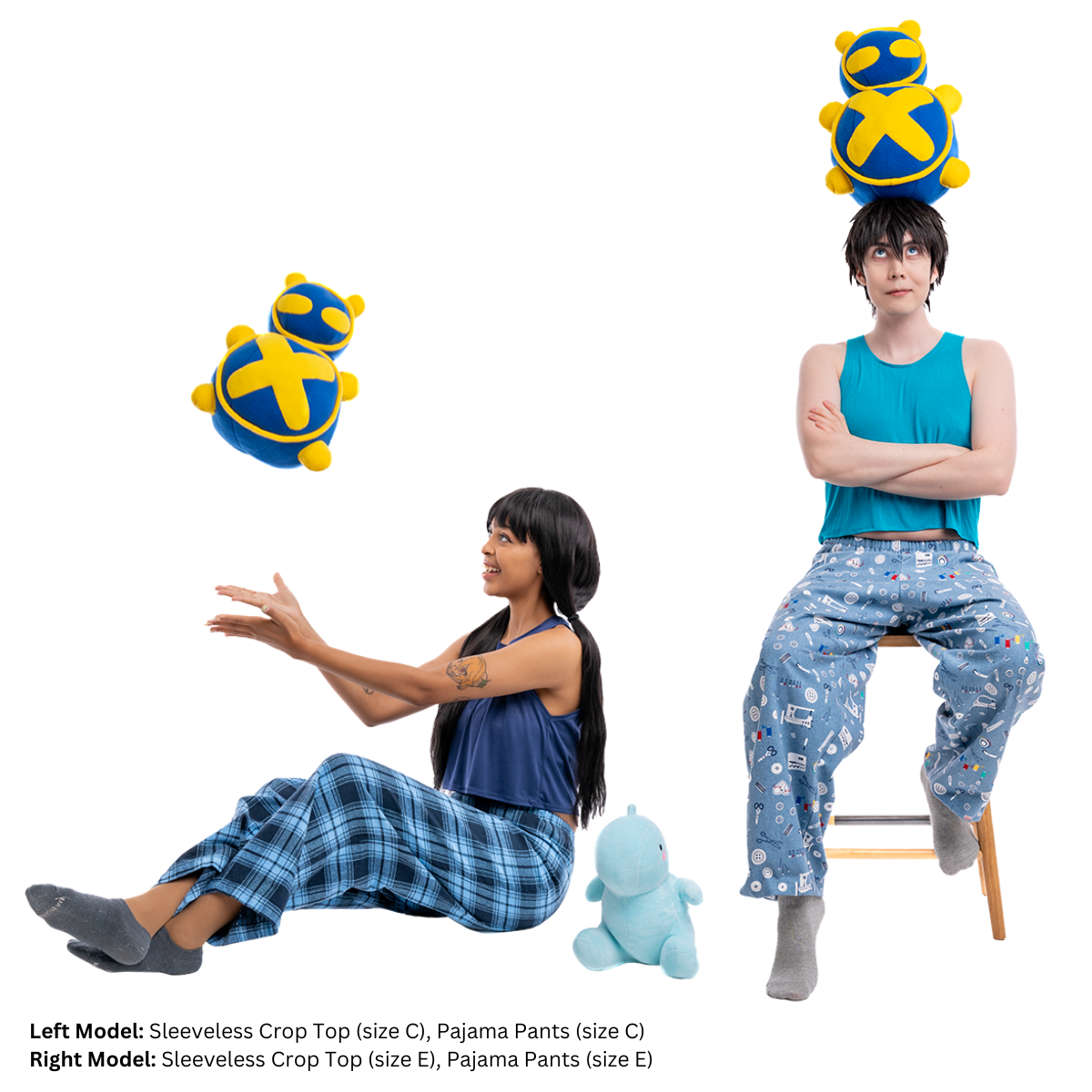 Photo of female model, hyliancream (size C), and male model, matthew_aizel (size E), in various poses while wearing the Sleeveless Crop Top and pajama pants. They are interacting with a plush toy prop modeled after First Stop Cosplay mascot, Timmy.