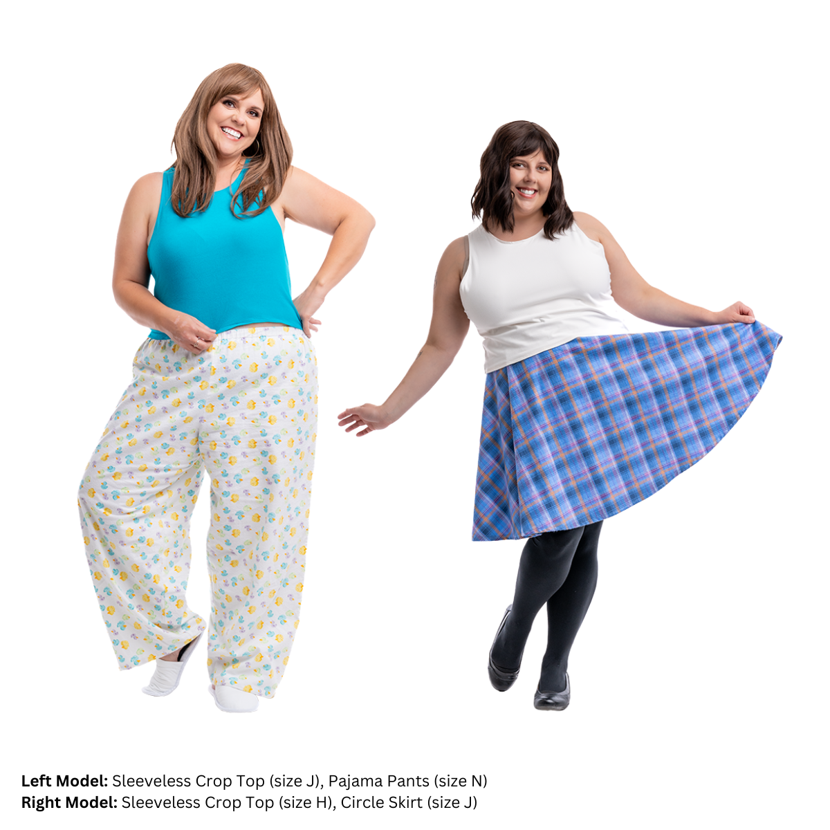 Two plus size models (left: size N, right: size J), modeling the Sleeveless Crop top. The model on the left pairs the Sleeveless Crop Top with pajama pants, and the model on the right's top is paired with a skirt.