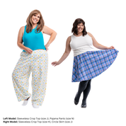 Two plus size models (left: size N, right: size J), modeling the Sleeveless Crop top. The model on the left pairs the Sleeveless Crop Top with pajama pants, and the model on the right's top is paired with a skirt.