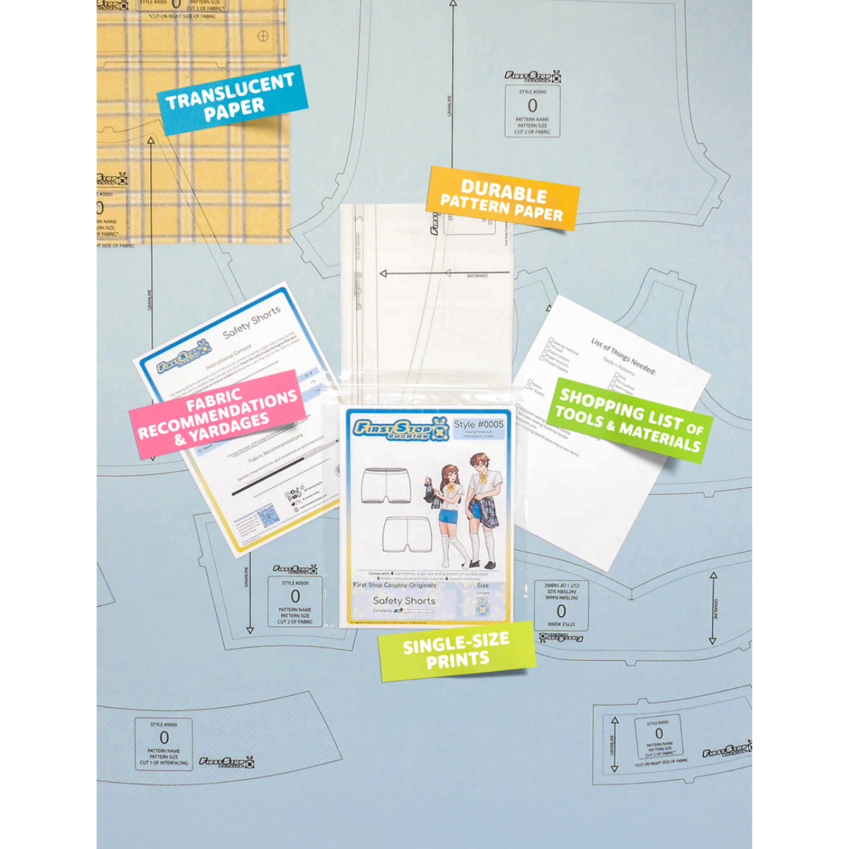 Contents of the Safety Shorts sewing pattern and packaging. Text boxes highlight features corresponding to those included in the product, such as durable translucent paper, single-size prints, a shopping list of tools and materials, and fabric recommendations.