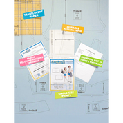 Contents of the Safety Shorts sewing pattern and packaging. Text boxes highlight features corresponding to those included in the product, such as durable translucent paper, single-size prints, a shopping list of tools and materials, and fabric recommendations.