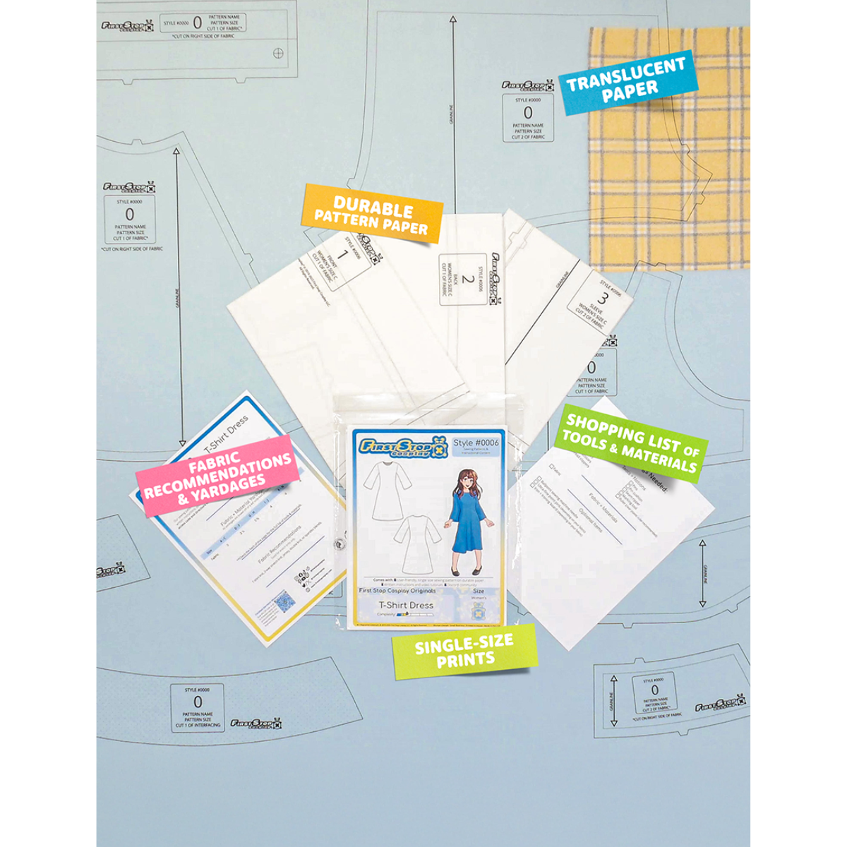 Contents of the T-Shirt Dress sewing pattern and packaging. Text boxes highlight features corresponding to those included in the product, such as durable translucent paper, single-size prints, a shopping list of tools and materials, and fabric recommendations.