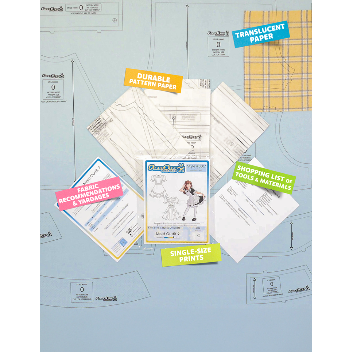 Contents of the Maid Outfit (women's) sewing pattern and packaging. Text boxes highlight features corresponding to those included in the product, such as durable translucent paper, single-size prints, a shopping list of tools and materials, and fabric recommendations.