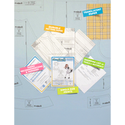 Contents of the Maid Outfit (women's) sewing pattern and packaging. Text boxes highlight features corresponding to those included in the product, such as durable translucent paper, single-size prints, a shopping list of tools and materials, and fabric recommendations.