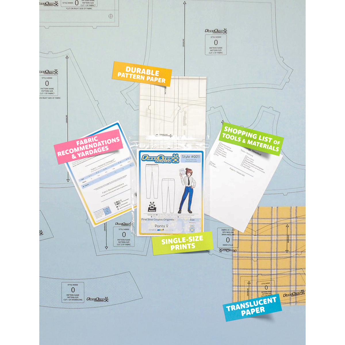 Contents of the Pants (women's) sewing pattern and packaging. Text boxes highlight features corresponding to those included in the product, such as durable translucent paper, single-size prints, a shopping list of tools and materials, and fabric recommendations.