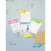 Contents of the Pants (women's) sewing pattern and packaging. Text boxes highlight features corresponding to those included in the product, such as durable translucent paper, single-size prints, a shopping list of tools and materials, and fabric recommendations.