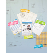 Contents of the Sailor Blouse sewing pattern and packaging. Text boxes highlight features corresponding to those included in the product, such as durable translucent paper, single-size prints, a shopping list of tools and materials, and fabric recommendations.