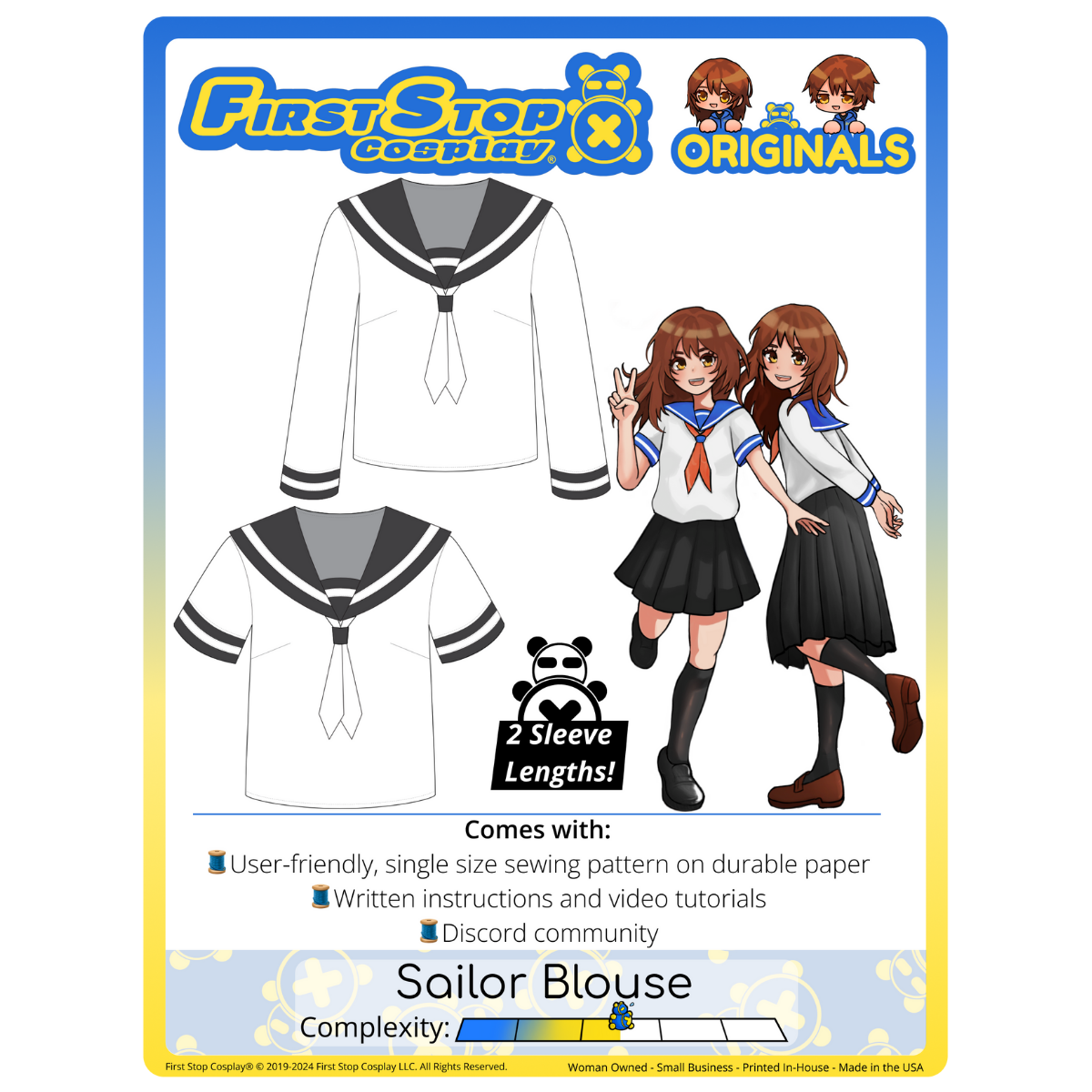 Graphic of the Sailor Blouse sewing pattern packaging, featuring the First Stop Cosplay logo and art of the pattern and original character, with a text bubble saying, &quot;2 Sleevel Lengths!&quot; A graphic icon indicating complexity shows a rating of 2.5 out of 5, suggesting the pattern is between beginner and intermediate.