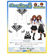 Graphic of the Sailor Blouse sewing pattern packaging, featuring the First Stop Cosplay logo and art of the pattern and original character, with a text bubble saying, "2 Sleevel Lengths!" A graphic icon indicating complexity shows a rating of 2.5 out of 5, suggesting the pattern is between beginner and intermediate.