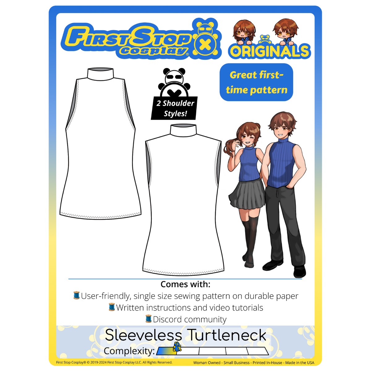 Graphic of the Sleeveless Turtleneck sewing pattern packaging, featuring the First Stop Cosplay logo and art of the pattern and original characters, with two text bubblessaying, &quot;Great first-time pattern&quot; and &quot;2 Shoulder Styles!&quot; A graphic icon indicating complexity shows a rating of 1 out of 5 stars, suggesting the pattern is beginner-friendly.