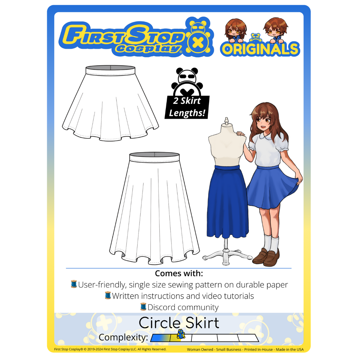 Graphic of the Circle Skirt sewing pattern and packaging, featuring the First Stop Cosplay logo and art of the pattern and original character, with a text bubble saying, &quot;2 Skirt Lengths!&quot; A graphic icon indicating complexity shows a rating of 1.5 out of 5, suggesting the pattern is beginner-friendly.