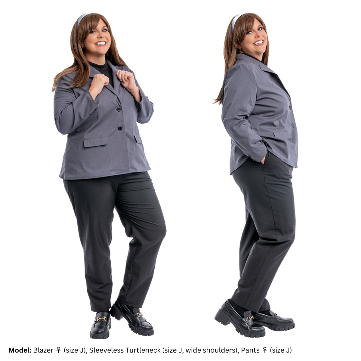 Plus size model (size J) in a gray Blazer at two different angles. On the left, she is facing front and holding the collar. On the right, she's profiled to the camera, showing the sleeves. The blazer is paired with pants.