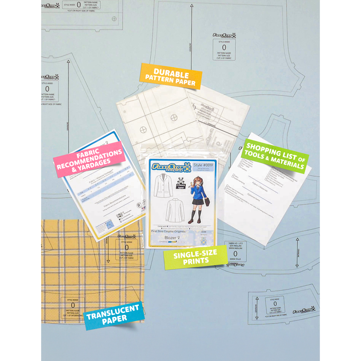 Contents of the women's Blazer sewing pattern and packaging. Text boxes highlight features corresponding to those included in the product, such as durable translucent paper, single-size prints, a shopping list of tools and materials, and fabric recommendations.