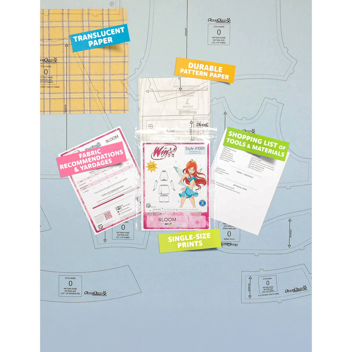 Contents of the Winx Club Bloom sewing pattern and packaging. Text boxes highlight features corresponding to those included in the product, such as durable translucent paper, single-size prints, a shopping list of tools and materials, and fabric recommendations.