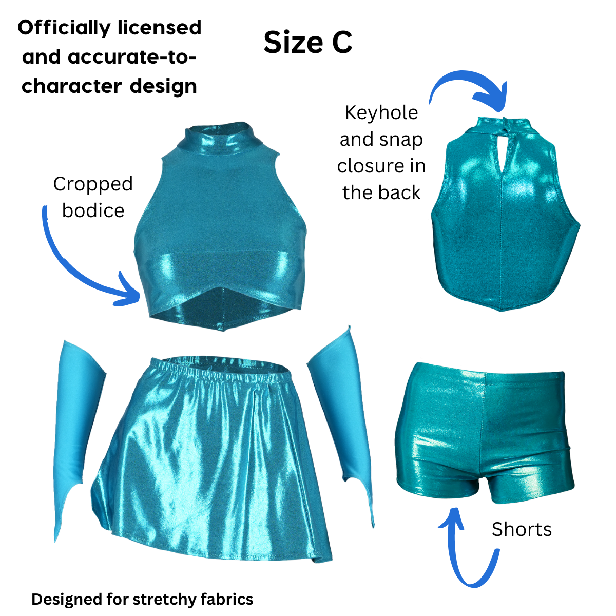 Size C Winx Club Bloom with text and arrows pointing out the officially licensed and accurate-to-character design, keyhole and snap closure in the back, cropped bodice, and shorts. Text at the bottom states the pattern is designed for stretchy fabrics.