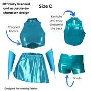 Size C Winx Club Bloom with text and arrows pointing out the officially licensed and accurate-to-character design, keyhole and snap closure in the back, cropped bodice, and shorts. Text at the bottom states the pattern is designed for stretchy fabrics.