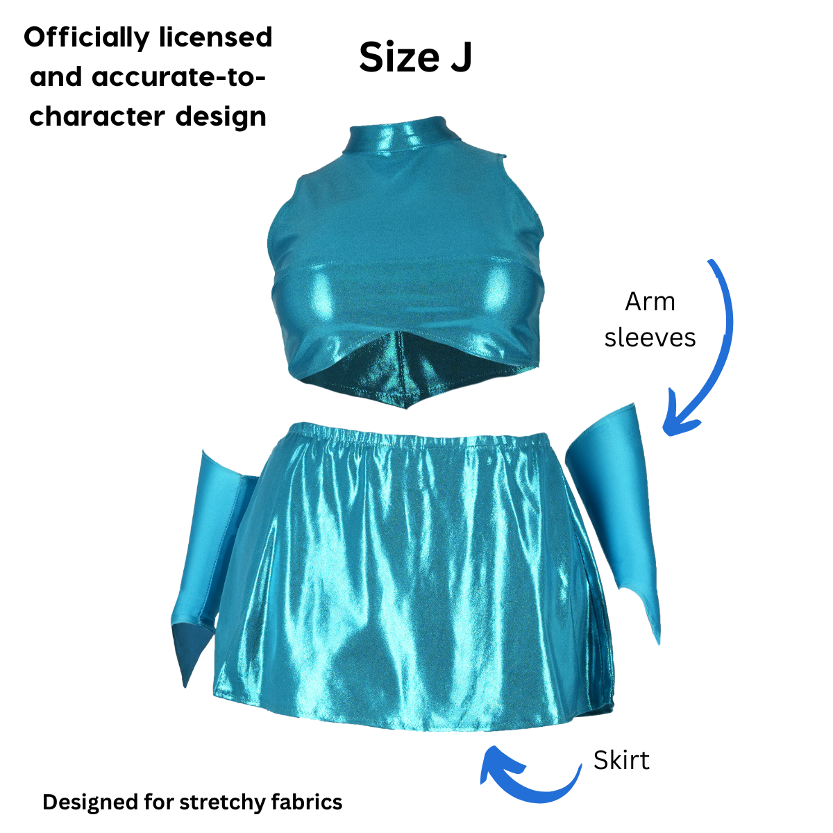 Size J Winx Club Bloom with text and arrows pointing out the arm sleeves and skirt.