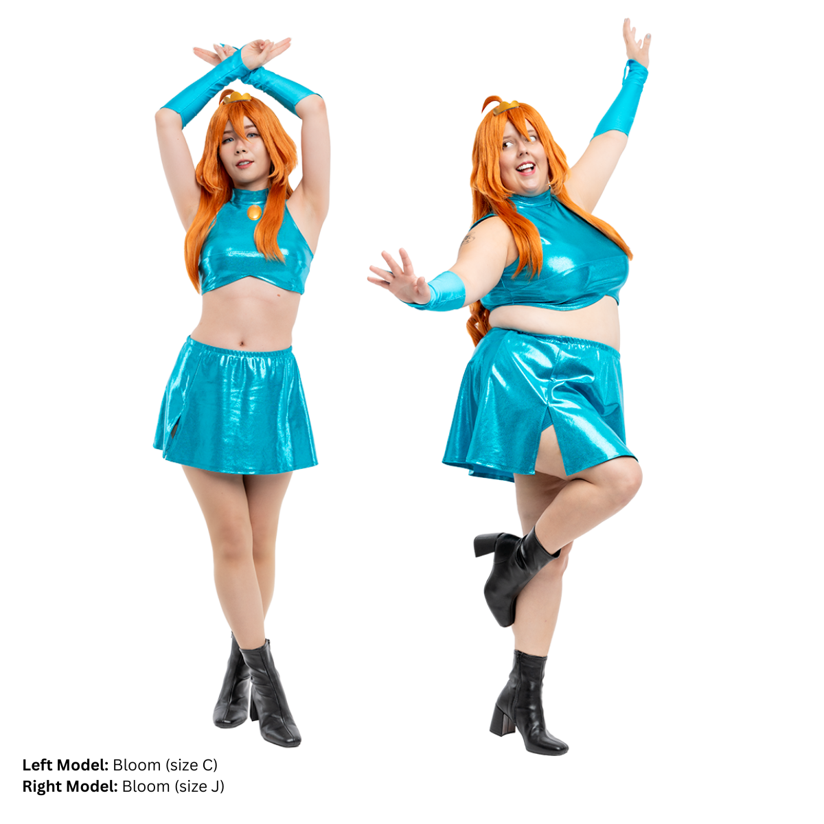 Size C and Size J models posing like the officially-licensed character Bloom from Winx Club while wearing the completed sewing pattern.