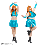 Size C and Size J models posing like the officially-licensed character Bloom from Winx Club while wearing the completed sewing pattern.