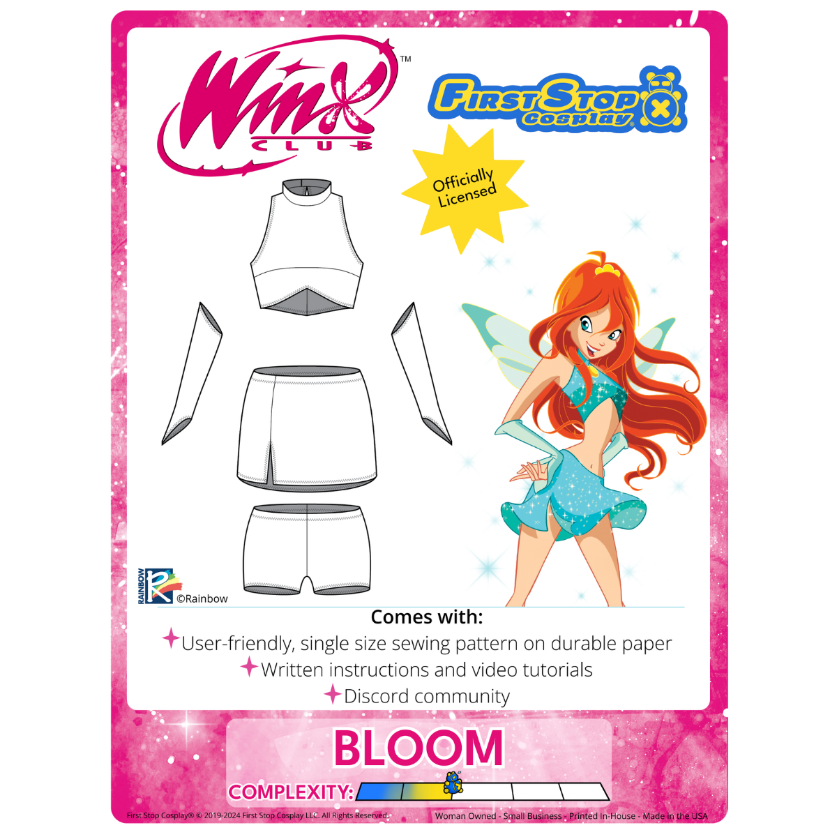 Graphic of the Winx Club Bloom sewing pattern packaging, featuring the Winx Club and First Stop Cosplay logos and line art of the pattern and character, with text inside a starburst saying, "Officially Licensed." A graphic icon indicating complexity shows a rating of 2 out of 5, suggesting the pattern is between beginner and intermediate.