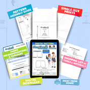 Contents of the digital Safety Shorts sewing pattern with the product art on a table screen, referencing the downloadable format of the pattern. Text boxes highlight features corresponding to those included in the product, such as pattern assembly guide, single-size prints, ability to print form home, shopping lists of tools and materials, and fabric recommendations.