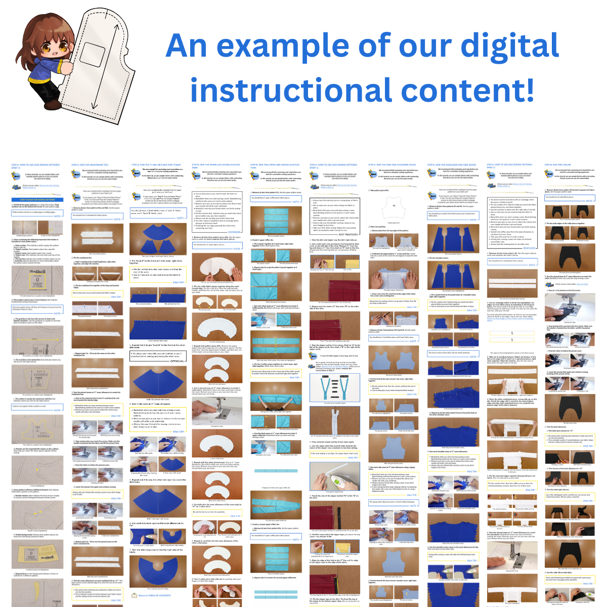 Graphic displaying an example of the included digital instructional content. Snippets of text with images dispersed throughout demonstrate how the instructional content will appear.