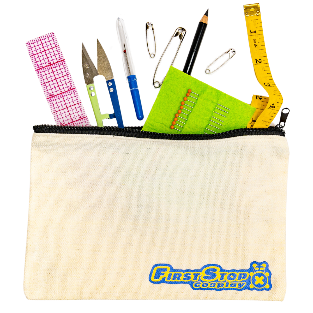 Image of the contents of the Travel Starter Tool Set peeking out from inside the First Stop Cosplay zipper pouch.