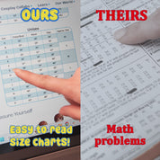 Split-screen video comparing First Stop Cosplay's pattern features to competitors. Key differences are First Stop Cosplay's easy-to-read size charts, durable paper, instructions, and online support.